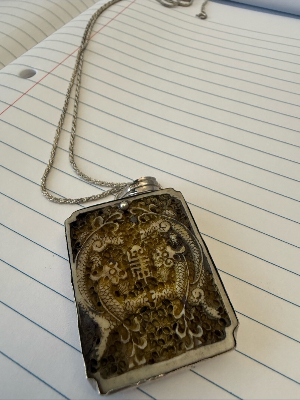 Vintage Carved Dragon Pendant Necklace in Ivory-Tone